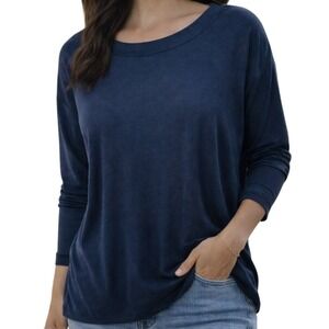 LA Threads Long Sleeve Top Womens‎ Small Navy Blue Boat Neck Ribbed Knit Relaxed